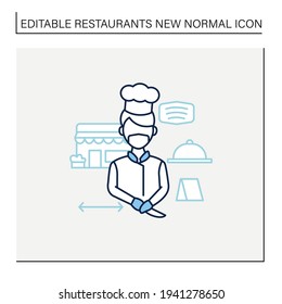 Worker uniform line icon. Kitchen stuff making food in face mask and gloves.Regulation through covid19. Restaurants new normal concept. Isolated vector illustration.Editable stroke