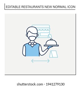 Worker uniform line icon. Restaurant worker in face mask and gloves. Additional protection. New normals through covid 19. Restaurants new normal concept. Isolated vector illustration.Editable stroke