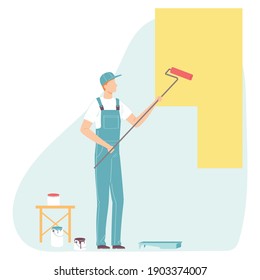 Worker in uniform paints the wall with a roller. Man making house or home apartment interior renovation. Cartoon flat man builder character. Vector illustration