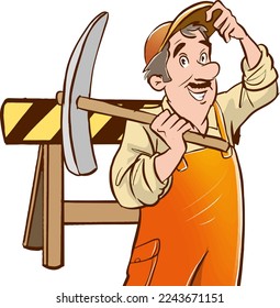 worker in uniform with pickaxe in hand cartoon vector illustration