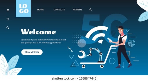 worker in uniform pushing trolley cart with robotic arm using smartphone 5G fifth innovative generation of wireless internet connection concept full length horizontal copy space vector illustration