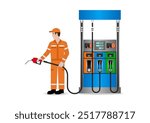 Worker in Uniform Refuel or Fill up Fuel to Car at Gas Station. Vector Illustration. 