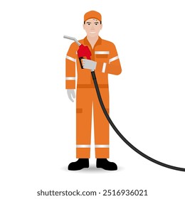 Worker in Uniform Refuel or Fill up Fuel to Car at Gas Station. Vector Illustration. 