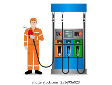Trabajador con uniforme de reabastecimiento de combustible o llenado de combustible para el coche en la gasolinera. Ilustración vectorial. 