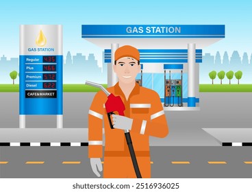 Trabalhador em Reabastecimento Uniforme ou Encher Combustível para Carro no Posto de Gasolina. Ilustração de vetor. 