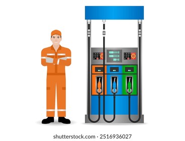 Trabajador con uniforme de reabastecimiento de combustible o llenado de combustible para el coche en la gasolinera. Ilustración vectorial. 