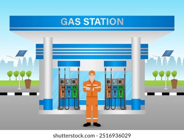 Trabajador con uniforme de reabastecimiento de combustible o llenado de combustible para el coche en la gasolinera. Ilustración vectorial. 