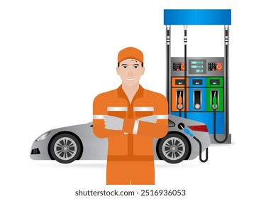 Worker in Uniform Refuel or Fill up Fuel to Car at Gas Station. Vector Illustration. 
