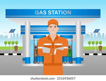 Trabajador con uniforme de reabastecimiento de combustible o llenado de combustible para el coche en la gasolinera. Ilustración vectorial. 