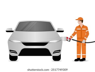 Worker in Uniform Refuel or Fill up Fuel to Car at Gas Station. Vector Illustration. 