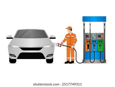 Worker in Uniform Refuel or Fill up Fuel to Car at Gas Station. Vector Illustration. 