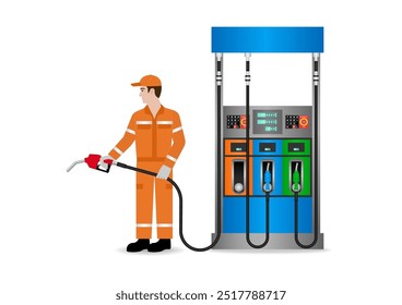 Worker in Uniform Refuel or Fill up Fuel to Car at Gas Station. Vector Illustration. 