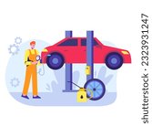 Worker in uniform standing near lifted machine, holding pressure gauge and checking air pressure in tires. Car repair, oil change and restoration in service center. Flat vector illustration