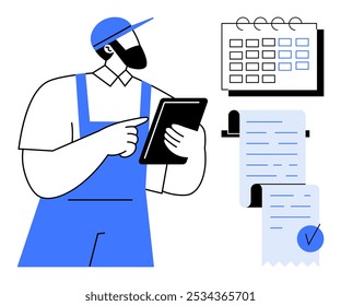 A worker in uniform using a tablet, next to a calendar and documents. Ideal for productivity, task management, scheduling, workforce management, and efficiency illustrations. Simple flat style