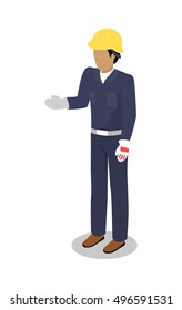 Worker in uniform vector illustration. Isometric projection. Man character in blue overall, helmet, gloves standing with raised hand for handshake. Builder, engineer, courier. On white background 