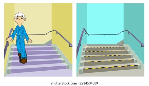 Worker in uniform walk down the staircase. Staircase with yellow and black stripes warning sign sticker. Safety and prevention concept. Anti slip for safety. Public building. Vector illustration.