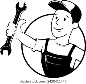 Worker in uniform with a wrench. Symbol for repair and service