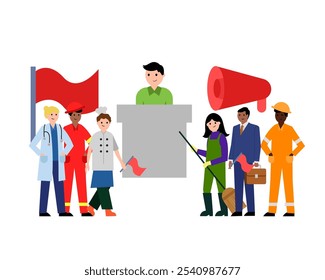 Gewerkschaft der Arbeitnehmer, die alle Arbeitnehmer der Polizei, der Bauunternehmer und der Geschäftsleute vertritt. Vektor einfache Farbe flache Illustration.