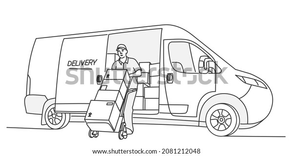 Worker unloading goods from the van. Delivery\
service and transport logistics. Hand drawn vector illustration.\
Black and white.