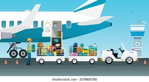A worker is unloading luggage from an airplane in the airport.