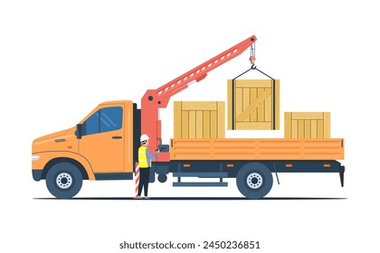 A worker unloads boxes from a truck using its mounted crane isolated. Vector illustration.