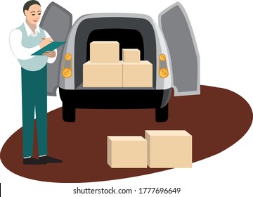A worker unloads a car with a load. Goods delivery. Vector color illustration.