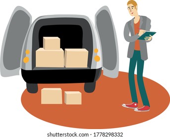 A worker unloads a car with a load. Goods delivery. Vector color illustration.
