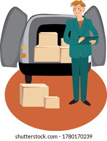 Ein Arbeiter entlädt ein Auto mit einer Last. Warenlieferung. Vektorfarbillustration.