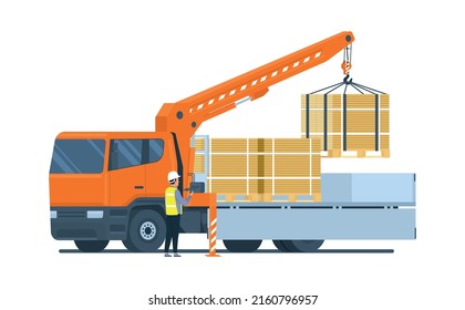A worker unloads a truck use a mounted crane isolated. Vector illustration.
