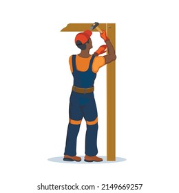 Worker use a hummer. Builder with a hand tool. Man in uniform hammering a nail. Isolated industrial scene. Contractor boy with an instrument. Vector illustration