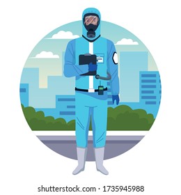 worker using blue protection virus suit character vector illustration design