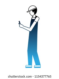 worker using cellphone wearing sport cap and uniform