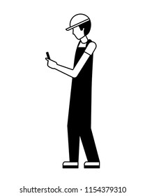 worker using cellphone wearing sport cap and uniform