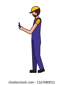 worker using cellphone wearing sport cap and uniform
