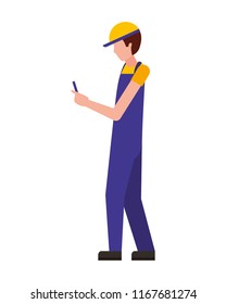 worker using cellphone wearing sport cap and uniform