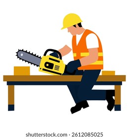 Worker using a chainsaw on a table, wearing safety gear.