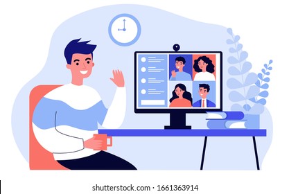 Worker using computer for collective virtual meeting and group video conference. Man at desktop chatting with friends online. Vector illustration for videoconference, remote work, technology concept - Shutterstock ID 1661363914