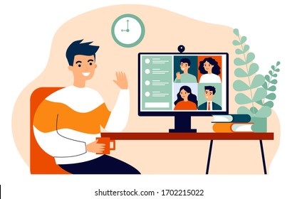 Worker using computer for collective virtual meeting and group video conference. Man at desktop chatting with friends online. Vector illustration for videoconference, remote work, technology concept
