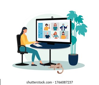 Worker using computer for collective virtual meeting and group video conference. Woman at desktop chatting with friends online. Vector illustration, video conference, remote work, technology concept.