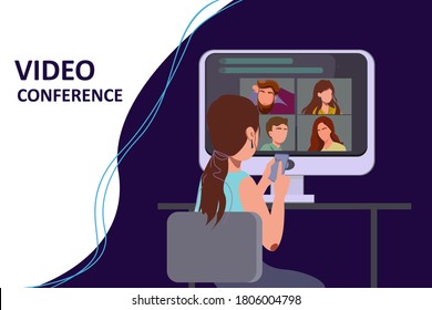 Worker using computer for collective virtual meeting and group video conference.Vector illustration for videoconference, remote work, technology concept.Colleagues talk to each other on the computer 
