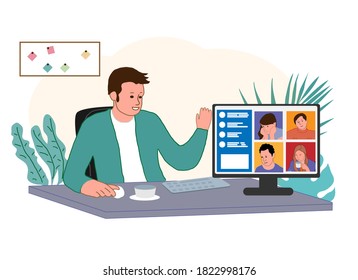 Worker using computer for collective virtual meeting and group video conference. Man at desktop chatting with friends online. Vector illustration for videoconference, remote work, technology concept