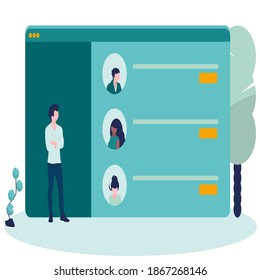 Worker using computer for collective virtual meeting and group video conference. Man at desktop chatting with friends online. Vector illustration for videoconference, remote work, technology concept