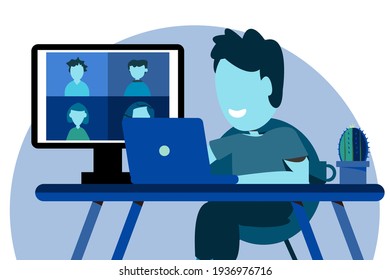 Worker using a computer for collective virtual meetings and group video conferences.