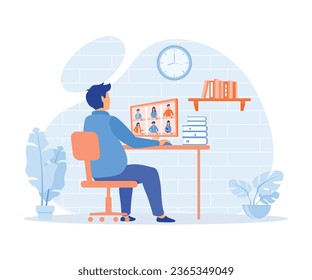 Worker using computer for collective virtual meeting and group video conference. flat vector modern illustration