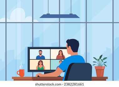 Worker using computer for collective virtual meeting, group video conference. Man chatting online. Workplace with modern interior, panoramic windows, cityscape behind. Vector illustration