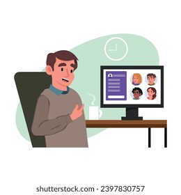 Worker using computer for collective virtual meeting and group video conference. Man at desktop chatting with friends online. Vector illustration for videoconference, remote work, technology concept