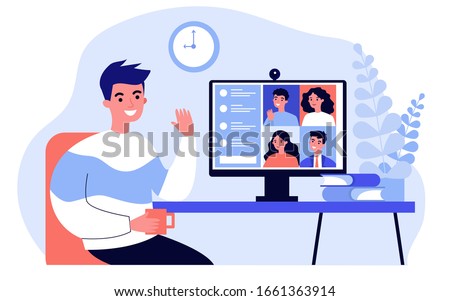 Worker using computer for collective virtual meeting and group video conference. Man at desktop chatting with friends online. Vector illustration for videoconference, remote work, technology concept