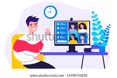 Worker using computer for collective virtual meeting and group video conference. Man at desktop chatting with friends online. Vector illustration for videoconference, remote work, technology concept