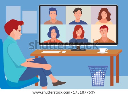 Worker using computer for collective virtual meeting and group 
video conference. Man at desktop chatting with friends online. 
Vector illustration for videoconference, remote work, technology concept