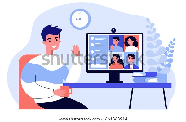 Worker using computer for collective virtual meeting and group video conference. Man at desktop chatting with friends online. Vector illustration for videoconference, remote work, technology concept